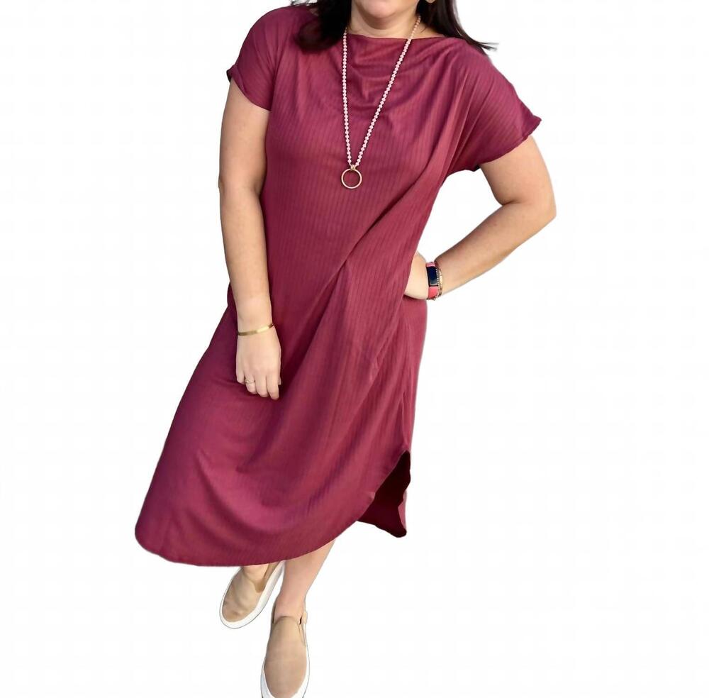 NEW ENTRO solid ribbed off-shoulder short sleeve midi dress in burgundy